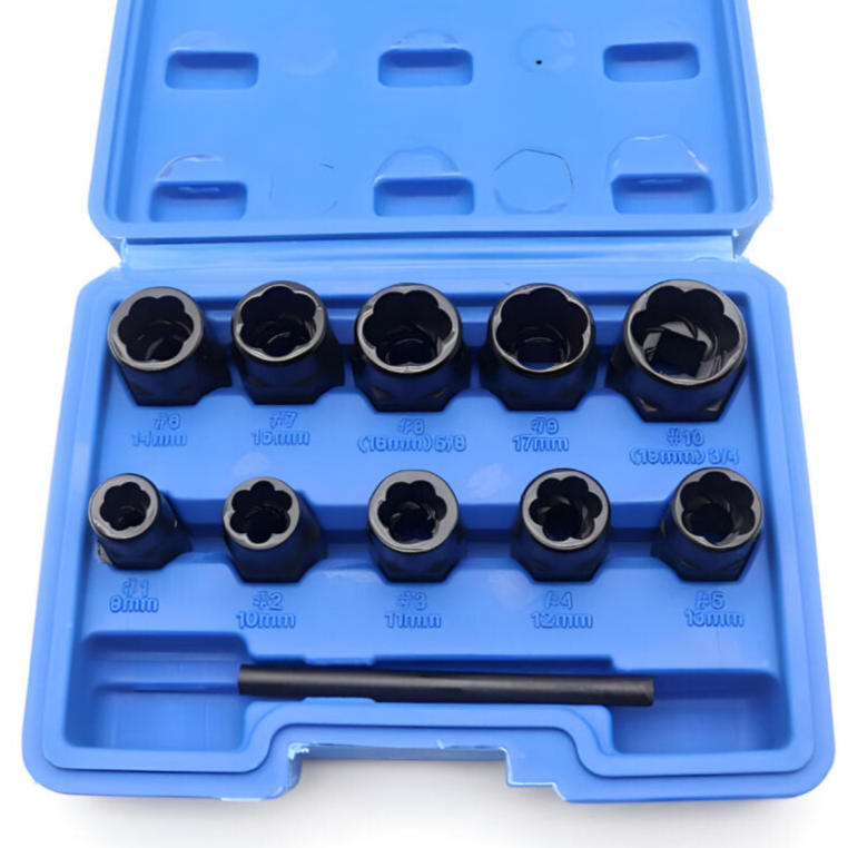 Set tubulare extractoare pentru suruburi si piulite deteriorate, Zola, 9-19 mm, din otel, 11 elemente, carcasa depozitare, albastru Set tubulare extractoare pentru suruburi si piulite deteriorate, Zola, 9-19 mm, din otel, 11 elemente, carcasa depozitare, albastru